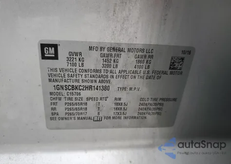 2017 Chevrolet Tahoe C1500 Lt из США, поврежденный, VIN 1GNSCBKC2HR141380